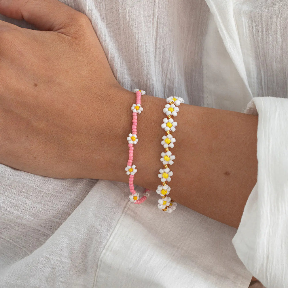 Fia - Daisy Flowers Pink Bead Summer Bracelet