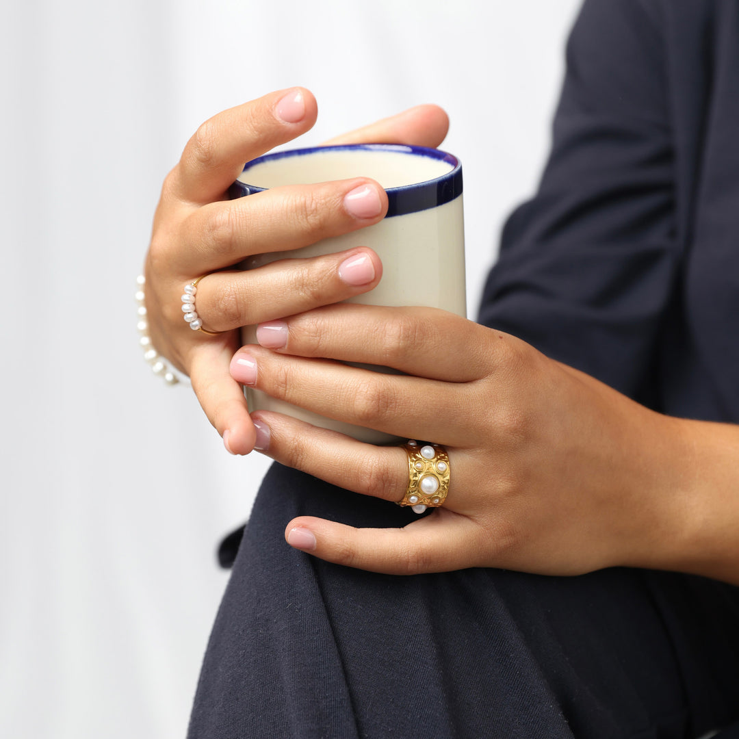 Kerstin - Bague Perle Martelée en Acier Inoxydable