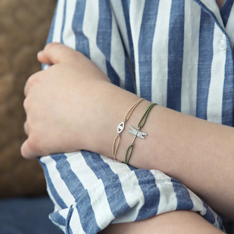 Stretch Bracelet with Silver Dragonfly in Olive