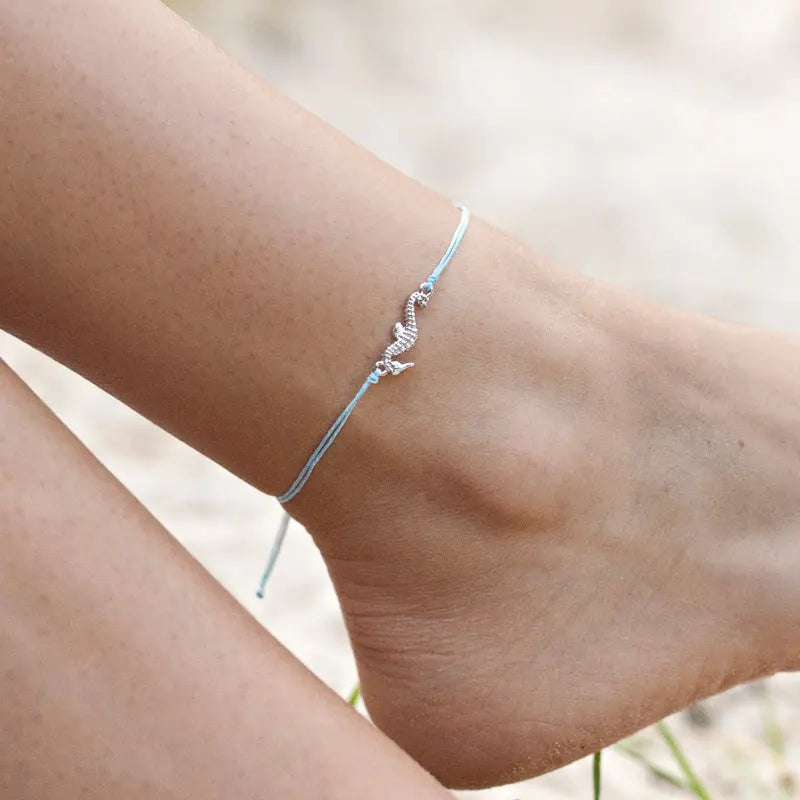 Seahorse Hemp Anklet, Silver and Blue