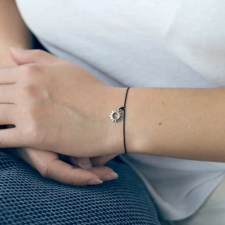 Silk Bracelet with Silver Sun in Black