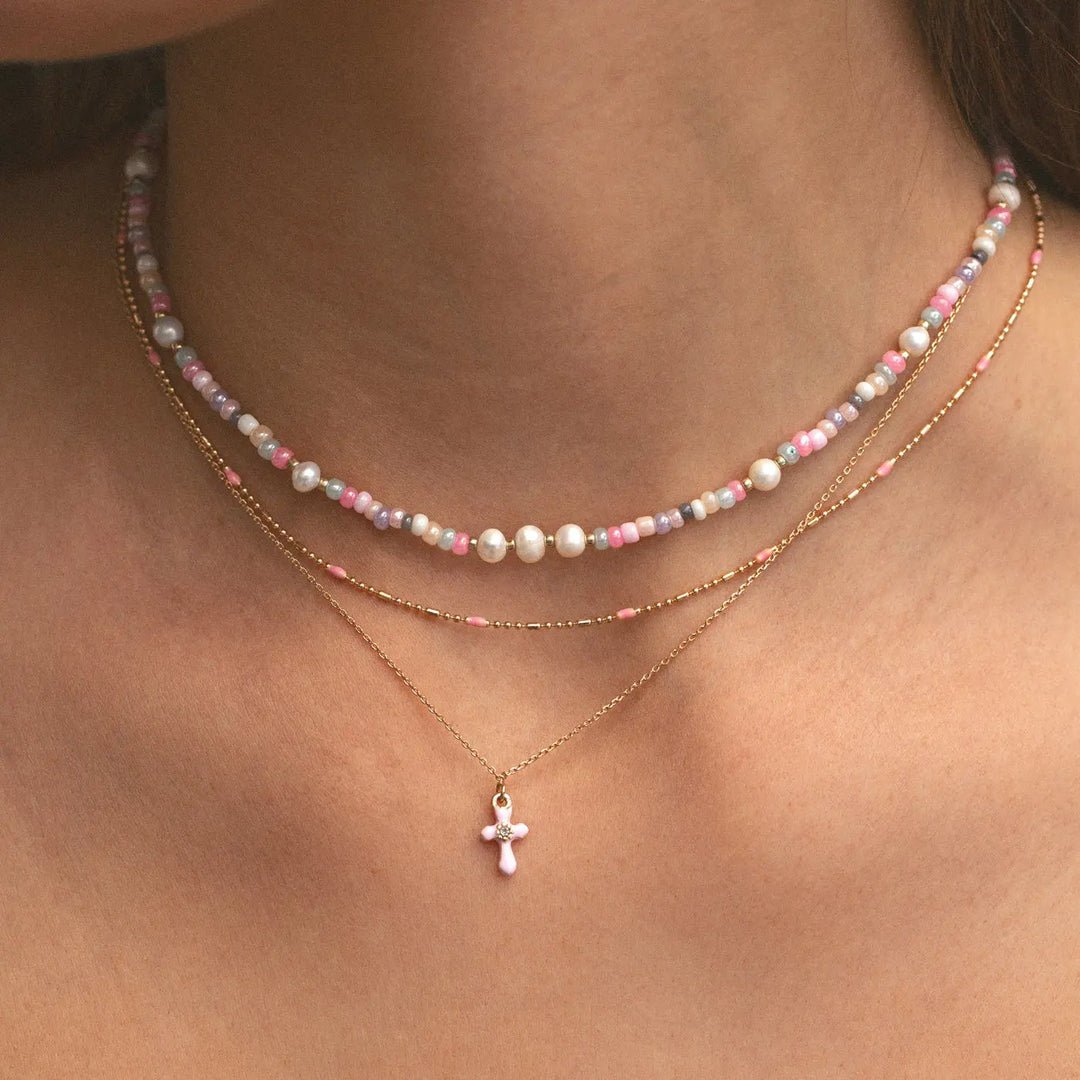 Doris - Pink Cross Enamel Necklace