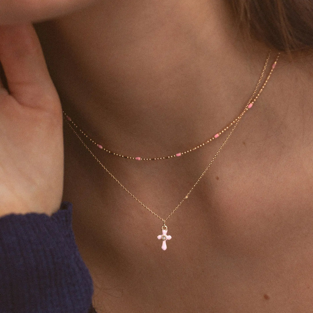 Doris - Pink Cross Enamel Necklace